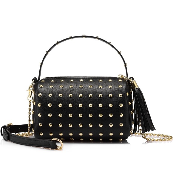 Fashion Jewelry Handbags - Studded Black Leather Crossbody Bag